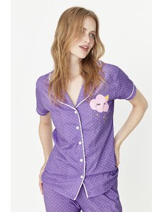 Trendyol Lila bavlnená košeľa s potlačou nohavice pletené pyžamo