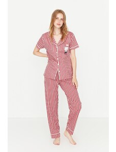 Trendyol Pink Cotton Striped Animal Print Shirt-Pants Knitted Pajamas Set