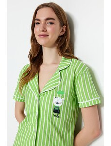 Trendyol Collection Zelené bavlnené pruhované košele-nohavice s potlačou zvierat Pletené pyžamové súpravy