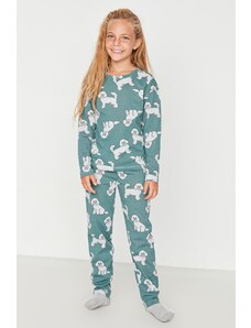 TRENDYOLKIDS Súprava dievčenského pyžama s modrým vzorom s výstrihom
