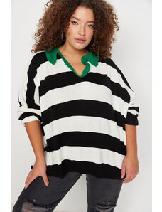 Trendyol Curve zelený polo výstrih pruhovaný pletený sveter