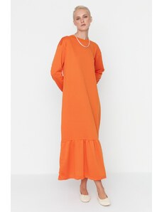 Trendyol Modest Orange Gather Detailed Crew Neck Pletené šaty