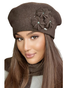 Kamea Hnedá luxusná elegantná dámska baretka na zimu s kvetmi Salima, Farba hnedá