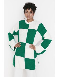 Trendyol Modest Zeleno-biely sveter so šachovnicovým vzorom s výstrihom a výstrihom