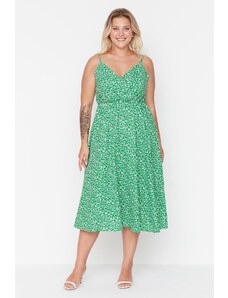 Trendyol Curve Green A-line Pletené šaty s dvojradovým golierom s kvetinovou potlačou