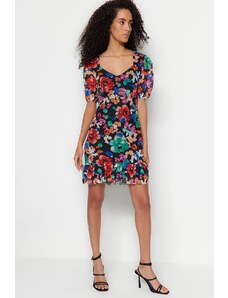 Trendyol Viacfarebné kvetinové potlače A-line mini tylové pletené šaty s nízkym strihom