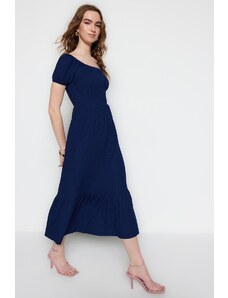 Trendyol Navy Blue Carmen golier A-line maxi pletené šaty