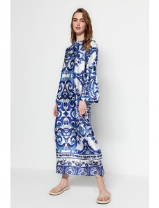 Trendyol Modest Modré saténové večerné šaty s etnickým vzorom