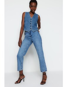 Trendyol Collection Modré rovné džínsy s vysokým pásom