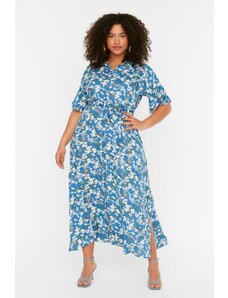 Trendyol Curve Tmavo modré tkané šaty s kvetinovým vzorom s detailným rozparkom