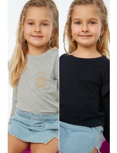 TRENDYOLKIDS Námornícko-modro-sivé 2-balenie dievčenského pleteného trička s detailom vrecka a volánikmi