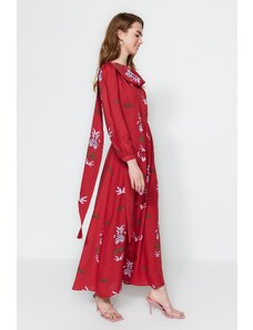 Trendyol Modest Červené tkané šaty s kvetinovým vzorom so šálovým golierom a detailom kravaty