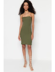 Trendyol Green Square Neck Spaghetti Straps Ribbed Flexible Fitted Mini Knitted Dress
