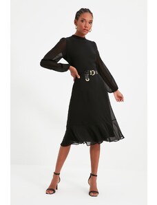 Trendyol Collection Čierny A-line golier s šifónovou podšívkou, šifónové tkané šaty