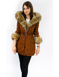 SPEED.A Bavlnená dámska zimná bunda parka v karamelovej farbe s kožušinovou podšívkou (xw793x)