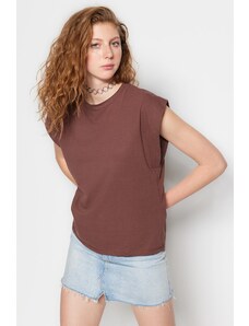 Trendyol Collection Hnedé 100% bavlnené vatelínové tričko Základné pletené tričko s výstrihom