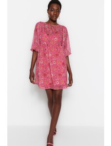 Trendyol ružový rovný strih mini tkané kvetinové tkané šaty s rovnou podšívkou