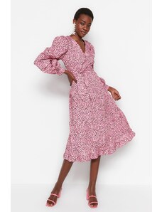 Trendyol Collection Ružové opaskom rovného strihu Midi tkané lemované volánové šaty
