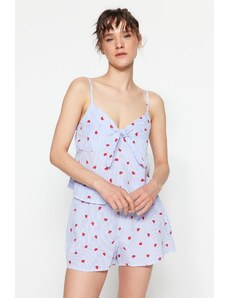 Trendyol Blue Striped Heart Pattern Poplin Tank Top-Shorts Woven Pajamas Set