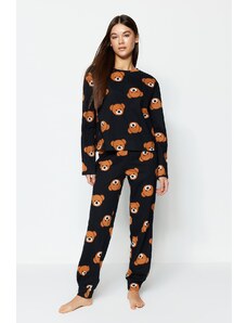 Trendyol Black 100% bavlnený plyšový medvedík s potlačou trička-jogger Pletené pyžamo
