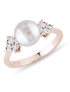 Perlový prsteň z ružového 14 kt zlata s diamantmi KLENOTA R6046004