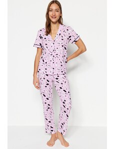 Trendyol Collection Svetloružová 100 % bavlna s grafickým vzorom košeľa-nohavice pletené pyžamá súprava