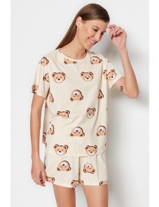Trendyol Collection Ecru 100% bavlna plyšový medvedík vzor tričko-šortky Pletené pyžamové súpravy