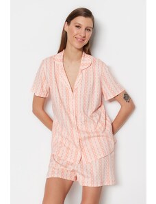 Trendyol Collection Lososová 100% bavlna pruhovaná bodkovaná košeľa-šortky Pletené pyžamá