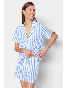 Trendyol Collection Modrá 100% bavlna pruhovaná košeľa-šortky Pletené pyžamá