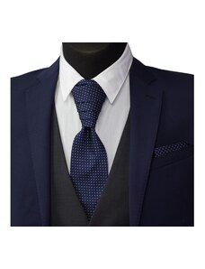 Quentino Tmavo modrá svatební kravata s vreckovkou - Regata se striebornými trojúhelníčky