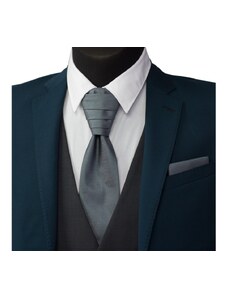 Quentino Tmavo šedá kravata s vreckovkou - Regata s jemným mřížkováním