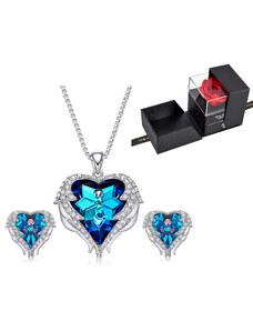 Glory Valentínsky Set náhrdelník a náušnice Angel wings mnodrý v darčekovej krabičke s ružou V138