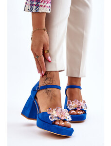 Basic Módne semišové modré sandále s kryštálmi na hrubých podpätkoch
