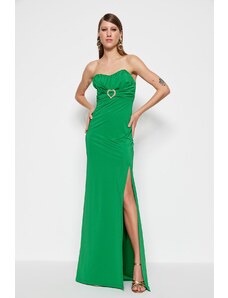 Trendyol Smaragdovo zelená podšívka Pletené doplnky Dlhé večerné šaty