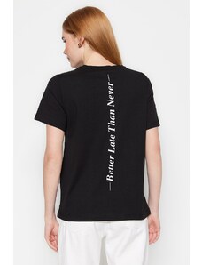 Trendyol Black 100% Cotton With Slogan Print On The Back Basic Crew Neck Knitted T-Shirt