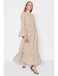 Trendyol Modest Tmavo béžové bavlnené tkané šaty s kvetinovým vzorom s detailom zotrvačníka na rukávoch