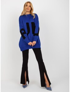 Fashionhunters Cobalt blue oversize long sweater with RUE PARIS lettering