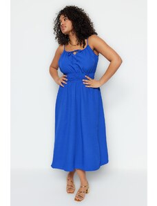Trendyol Curve modré tkané elastické šaty do pása