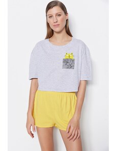 Trendyol Collection Žlté bavlnené tričko s potlačou-šortky Pletené pyžamá súprava