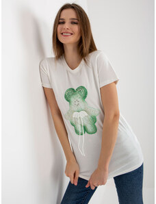 Fashionhunters Ecru-green cotton women's T-shirt with 3D application