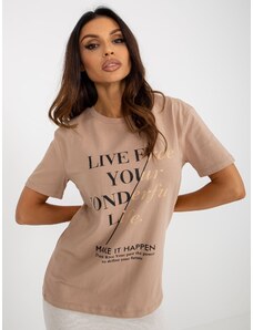 Fashionhunters Women's dark beige cotton T-shirt with inscriptions