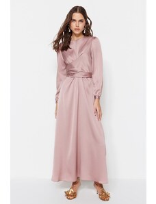 Trendyol Modest Ružové saténové večerné šaty s detailom na krížovú kravatu