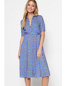 Trendyol Collection Modrý pás s kvetinovým vzorom Viskózové midi tkané košeľové šaty