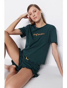 Trendyol Collection Tmavozelená 100% bavlna vyšívaný volánik Detailné tričko-šortky Pletená pyžamová súprava