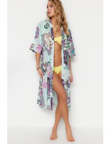 Trendyol Collection Kvetinový vzor s pásom Maxi tkaný s kapucňou 100% bavlna Kimono & Kaftan