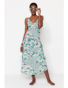 Trendyol Collection Zelené kvetinové volánové plážové šaty