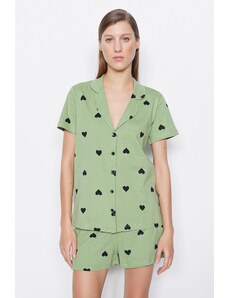 Trendyol Collection Zelená 100 % bavlna pletené pyžamové šortky so vzorom srdca