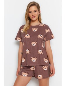Trendyol Collection Hnedá súprava plyšového medvedíka zo 100 % bavlny so vzorom-šortky Pletené pyžamá