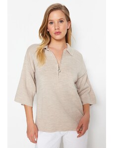 Trendyol Collection Stone Wide Fit základný pletený sveter na zips