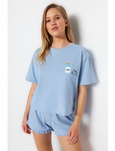Trendyol Collection Modré bavlnené tričko s potlačou-šortky Pletené pyžamové súpravy